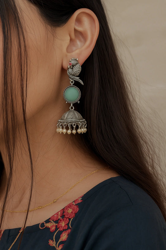 Beautiful Unique Design Oxidised Silver Stone Jhumka
