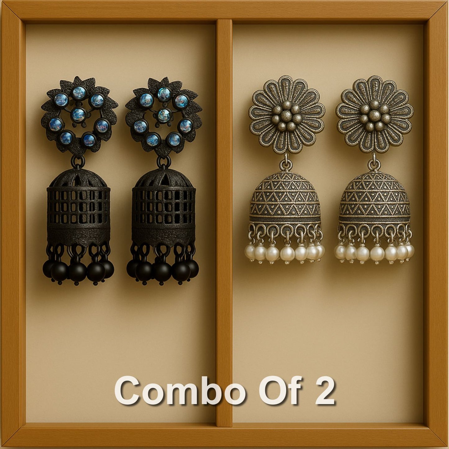 Combo of 2 – Black Crystal Floral Jhumka + Oxidised Daisy Pearl Jhumka