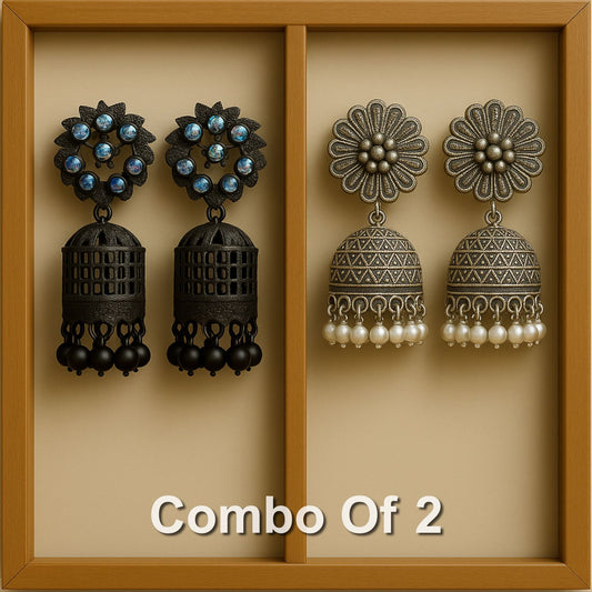 Combo of 2 – Black Crystal Floral Jhumka + Oxidised Daisy Pearl Jhumka