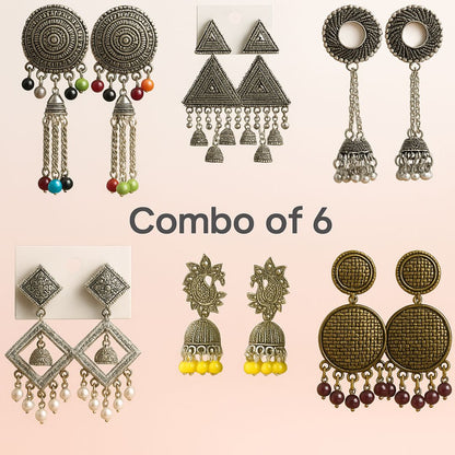 Combo Of 6 Antique Finish Jhumka Earrings Set