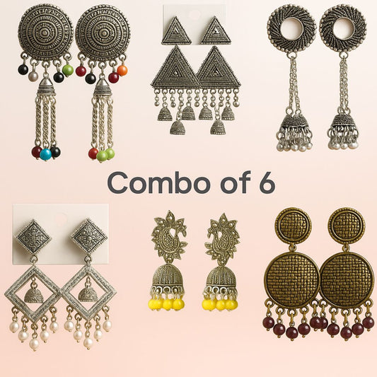 Combo Of 6 Antique Finish Jhumka Earrings Set