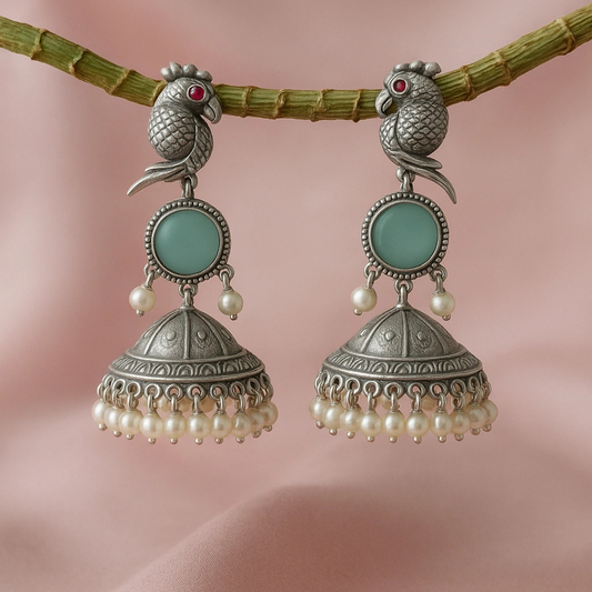 Beautiful Unique Design Oxidised Silver Stone Jhumka