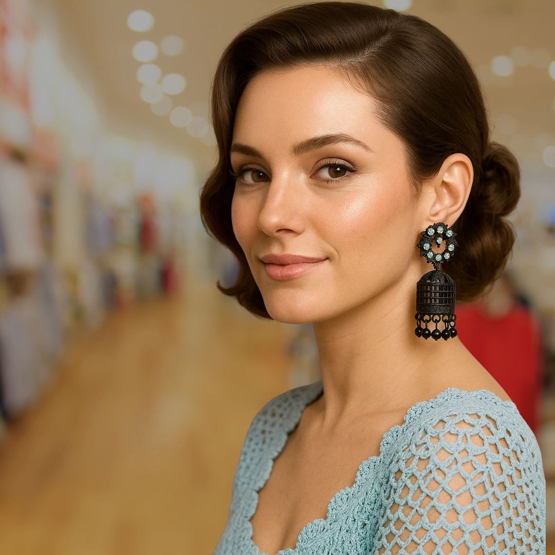Combo of 2 – Black Crystal Floral Jhumka + Oxidised Daisy Pearl Jhumka